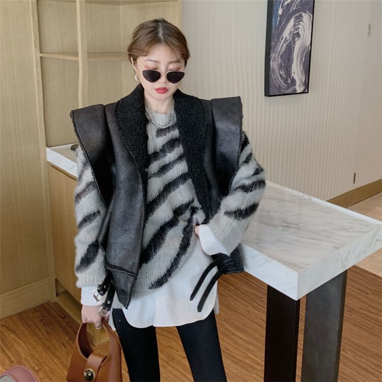 韓国ファッション 大きいサイズ ラムヘア アウターウェア レザー ギャザリング