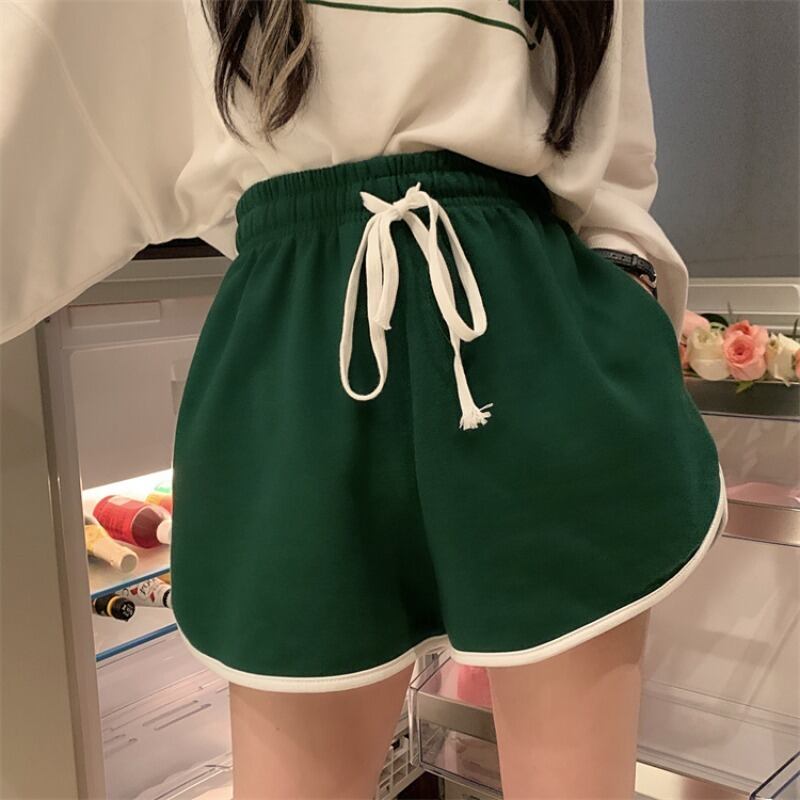 ストレッチウェストバンドカジュアルパンツ サマー薄手Aラインショートグリーンハイウェスト エラスティック 伸縮 夏物 ブラックストロベリース10484495748