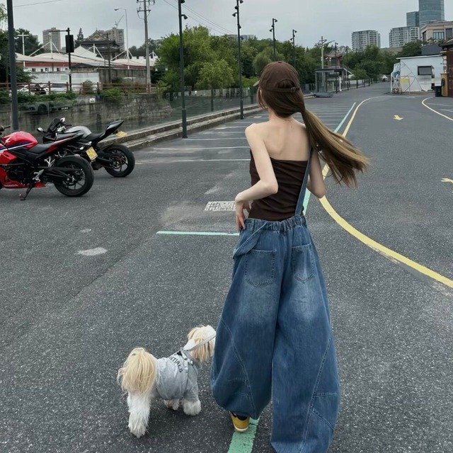 クラッシュポケットワイドラインデニムサロペット 1col R02555