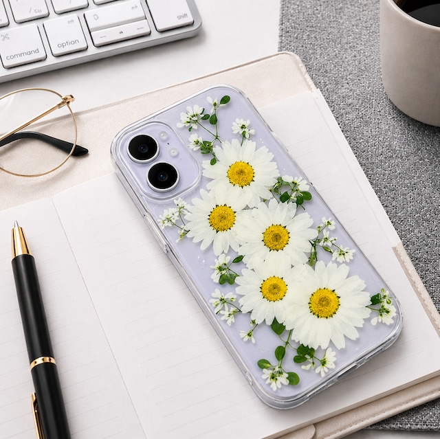 【ほぼ全機種対応スマホケース】押し花スマホケース NO.514(ホワイト）  押し花＆レジン iPhone/Xperia/AQUOS/Galaxy