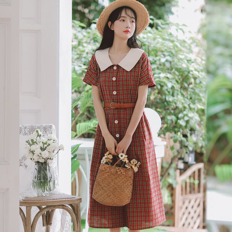 レトロ ワンピース 丸襟 チェク柄 半袖 ハイウエスト シャツワンピース Aライン ロングワンピース 着痩せ ト S M L Ll Dresszone