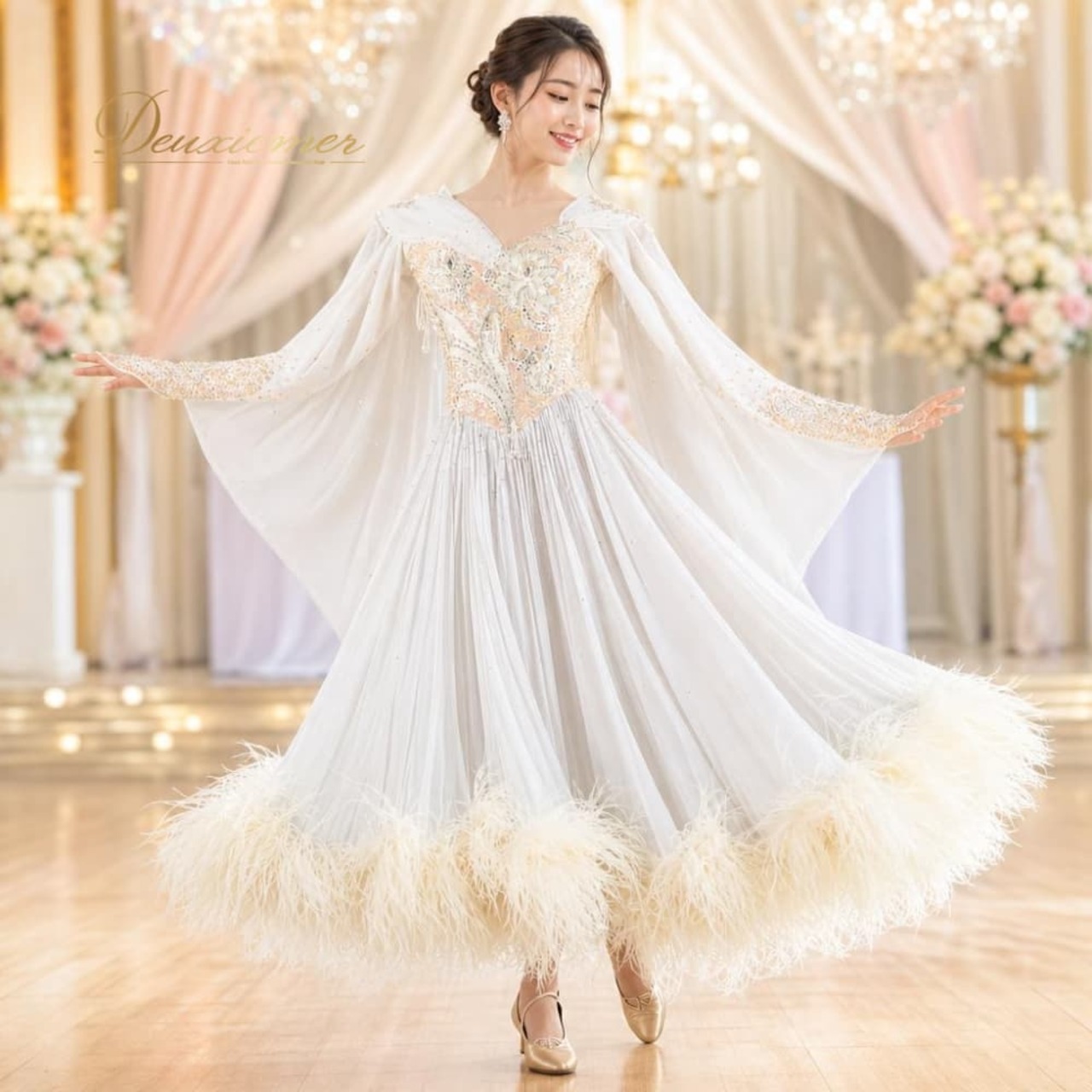社交ダンス 衣装 ドレス ワンピース スタンダード ホワイト系 ベージュ系 白 ベージュ アイボリー フロート レース デモ 競技 ダンス パーティ 発表会 ファー 華やか 舞台衣装 パーティー衣装