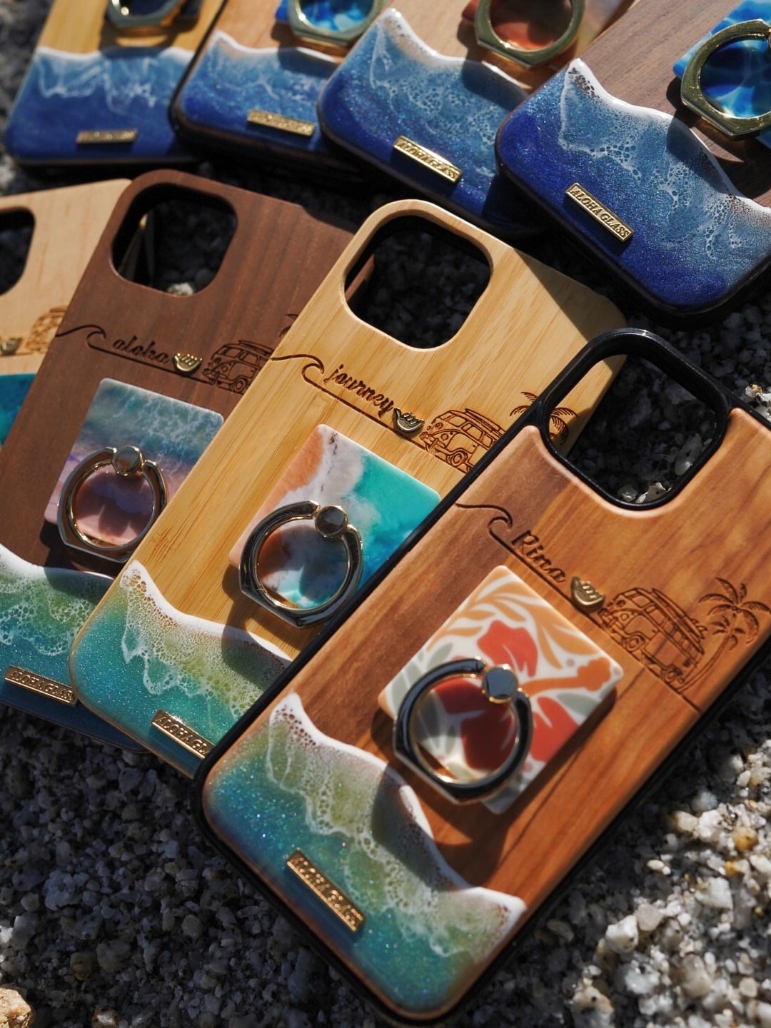 Aloha wagon ring/wood×resin earth blue wave case(olive wood