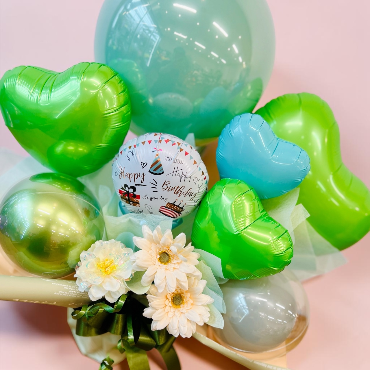 【メッセージ変更OK】フラワー＆バルーンアレンジ  ミントグリーン｜誕生日・発表会・記念日・結婚祝い・ありがとうギフト【名入れ対応】