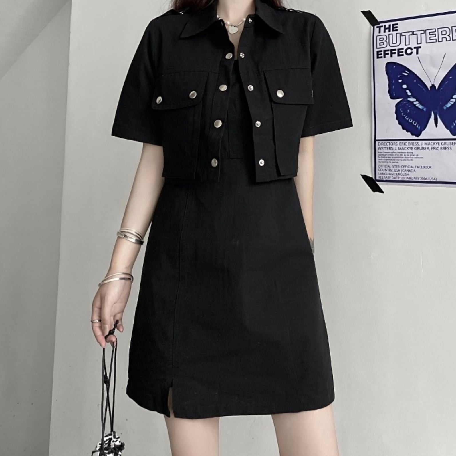 送料無料 ブラック セットアップ 2点セット 上下 セット ミリタリー ジャケット ショート丈 半袖 ミニ Aライン キャミワンピ ワンピース 学生 ピープス カッコイイ女子 Lamitte Deco トレンド 韓国ファッション ショップ Base店