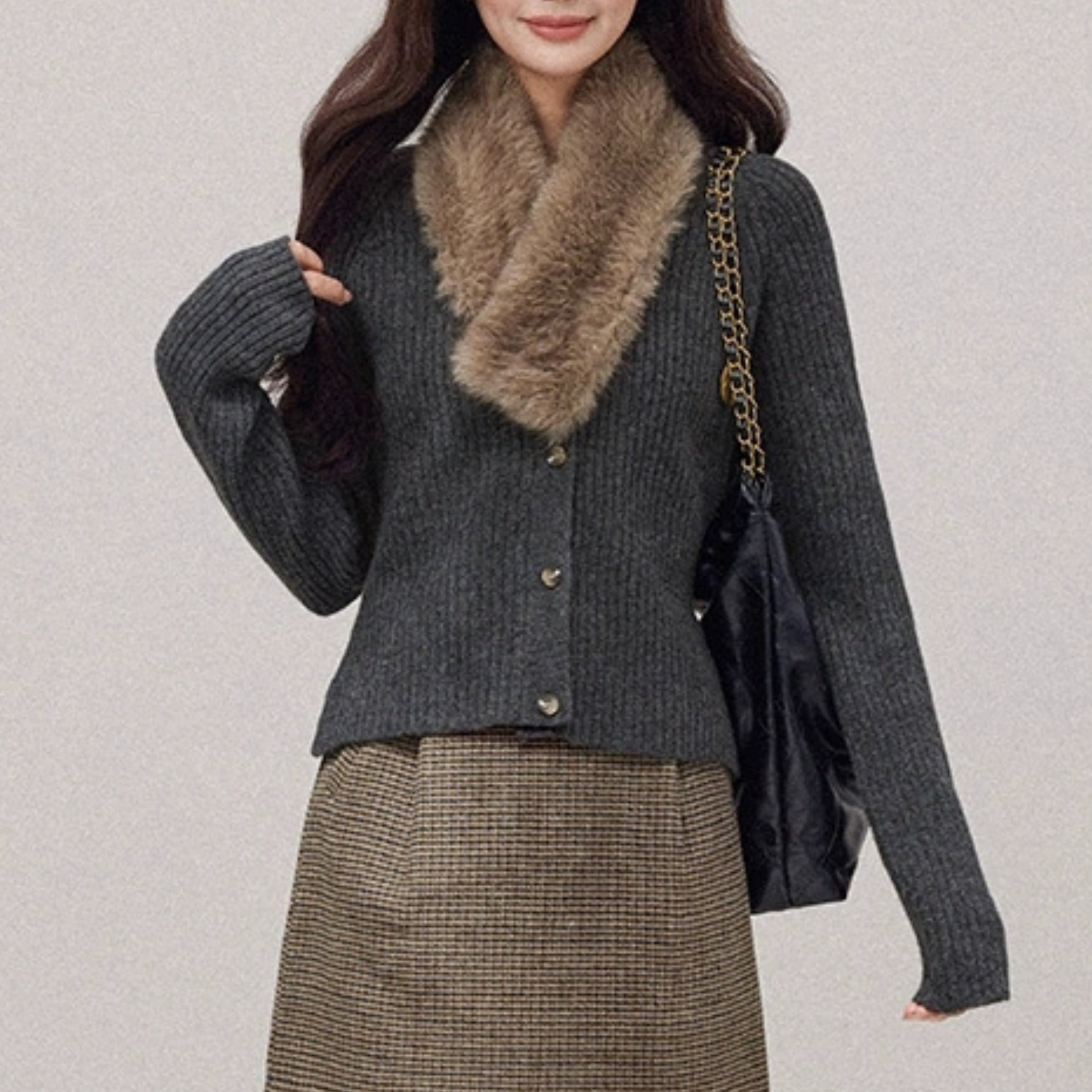 長袖リブカーディガン(フェイクファーショール付き) r001273