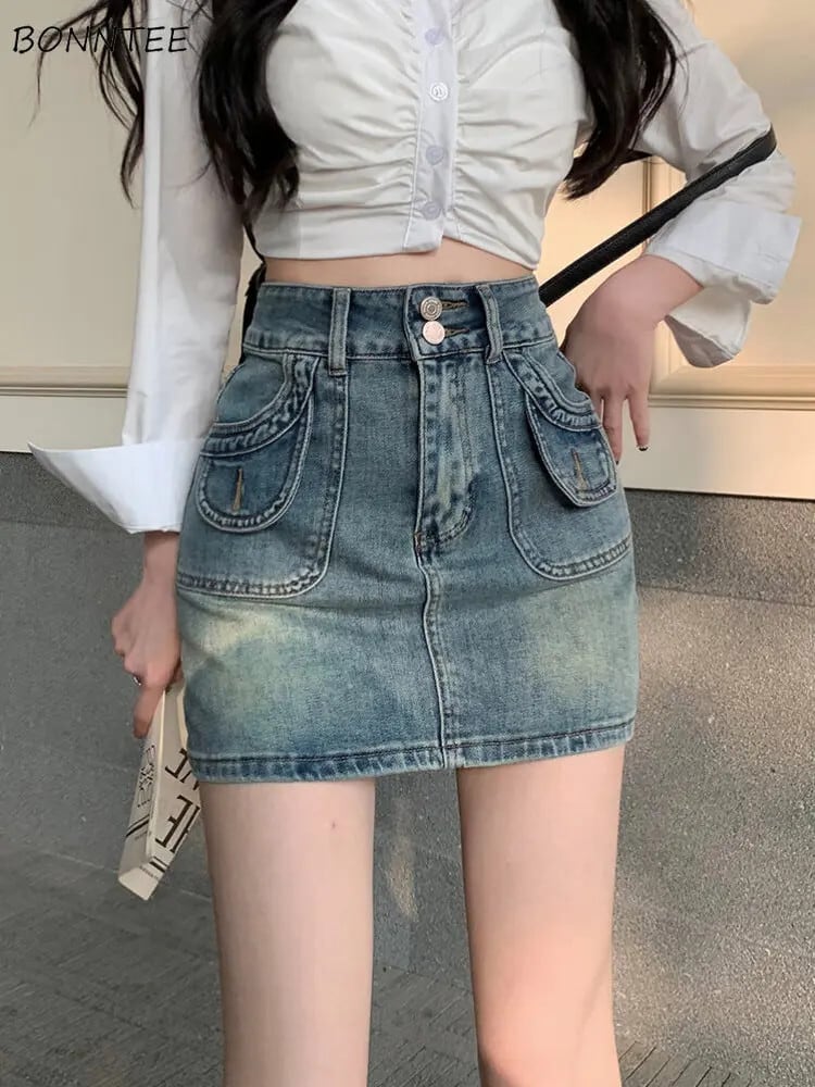 【新作】【送料無料】 スカートの女性のファッションデニムシンプルなヴィンテージ夏ハイウエストオールマッチ韓国スタイルカジュアル A ライン入札オフィスレディースインスリム 0248260561258