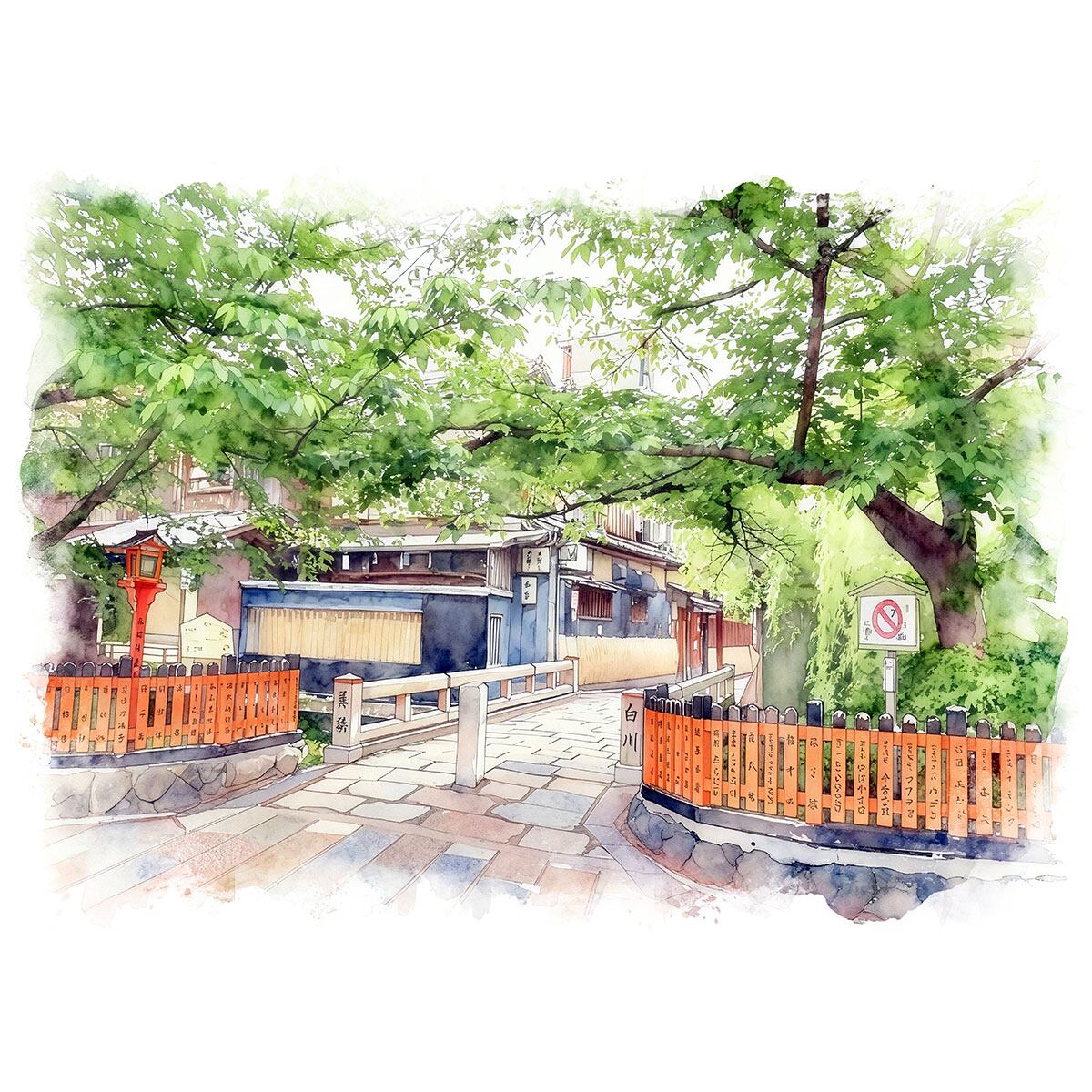 絵画 風景画(街並み) 日本 京都府 祇園 巽橋 インテリアアート額付き 水彩画・油絵風 WAT1545