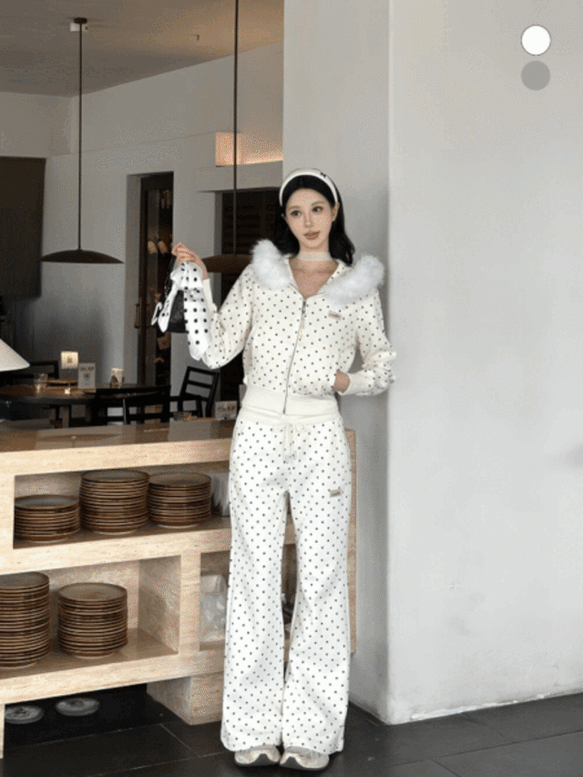 #LCホーム｜ファーフードドットフーディパーカー＋フレアドットスウェットパンツ｜Atelier Item