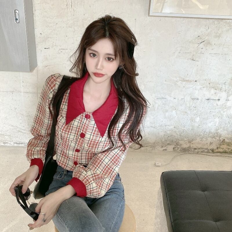 フランスのレトロな青い格子縞のシャツ女性の秋の長袖パフスリーブシャツデザインニッチショートトップ ブラックストロベリース84547442299