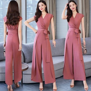 ジャンプスーツ レディース Vネック ワイドパンツ カジュアル 体型カバー 無地 夏 オールインワン ロング丈 シンプル 20代 30代 ジャンプスーツ レディース Vネック ワイドパンツ カジュアル