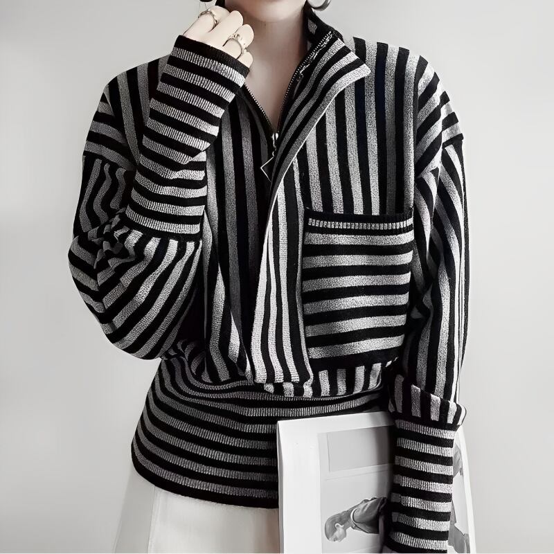 ストライプ柄ジッパーハイネックセーター E00402