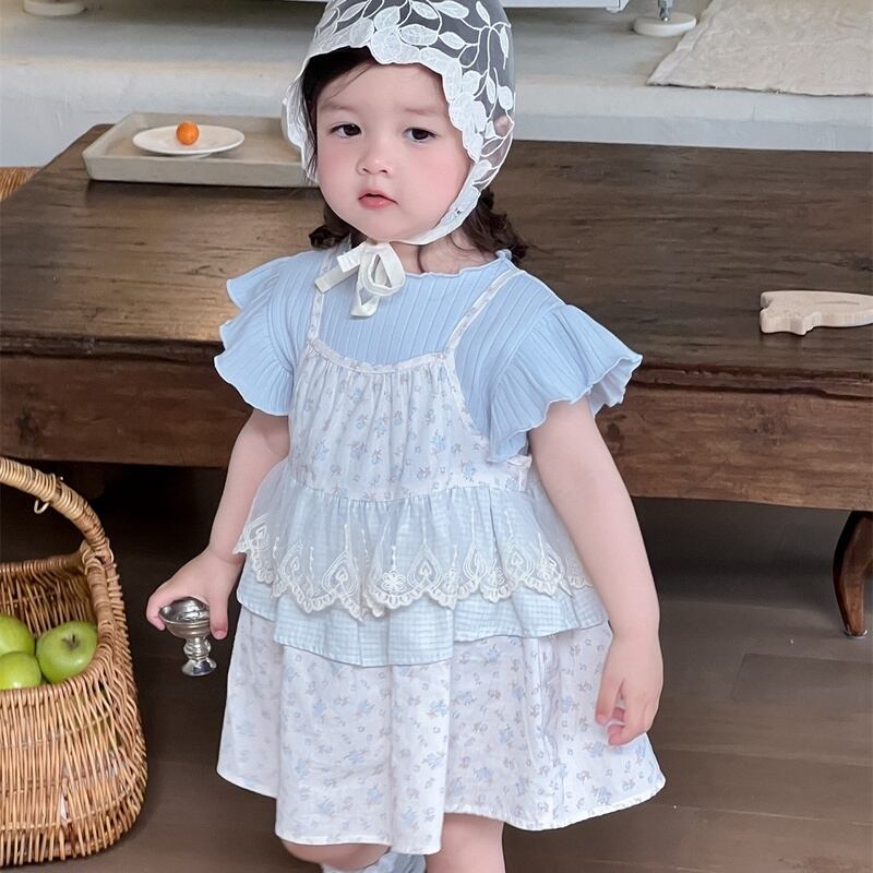 【BABY&KID】韓国風 フリルシャツ、ノースリーブワンピース