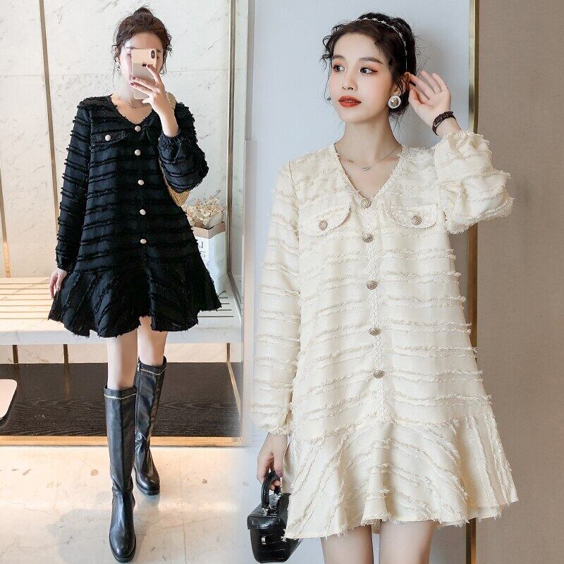 【新作】【送料無料】 6312＃マタニティ服春秋Vネック長袖ボタンゆったりとしたスタイリッシュなドレス妊婦ママドレス ロング スプリング 春物 オータム 秋物 AL expec330448695913