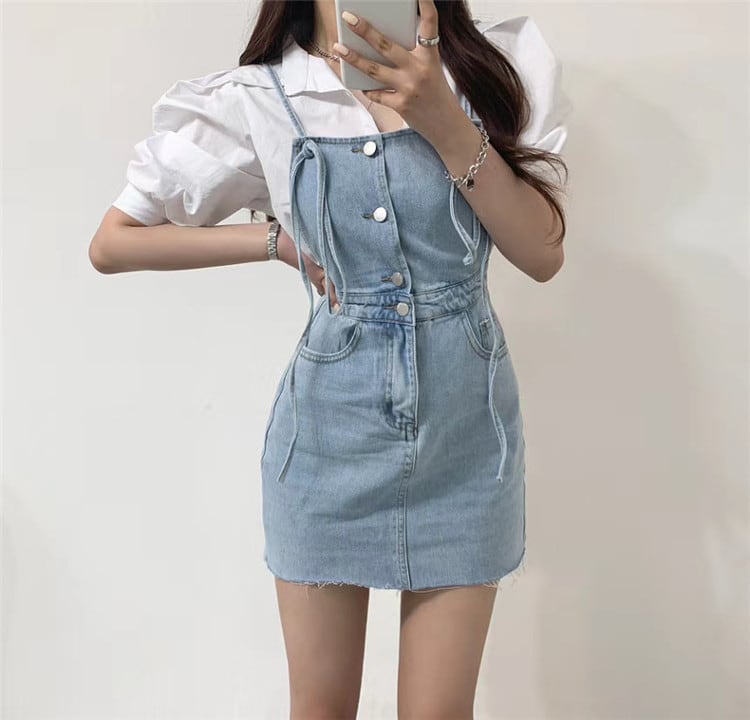 サスペンダースカート 2点セット スクエアネック ウォッシュドブルー 薄手ショルダーストラップ
