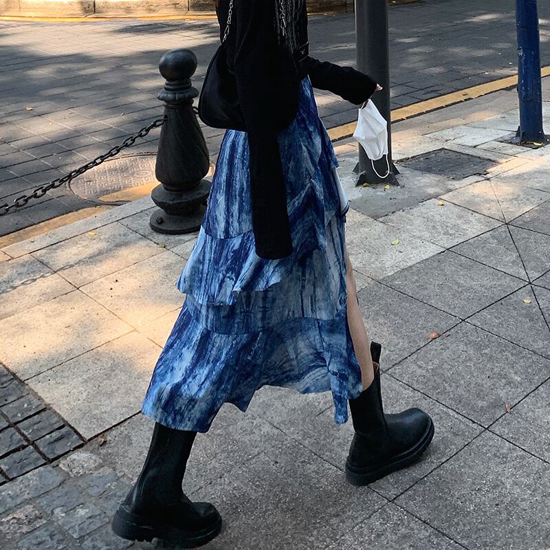 ウエスト絞り染めaラインイレギュラースカートサマースプリットミドル丈スカート2020ニューデザインセンスフェアリースカート ブラックストロベリース21445312988