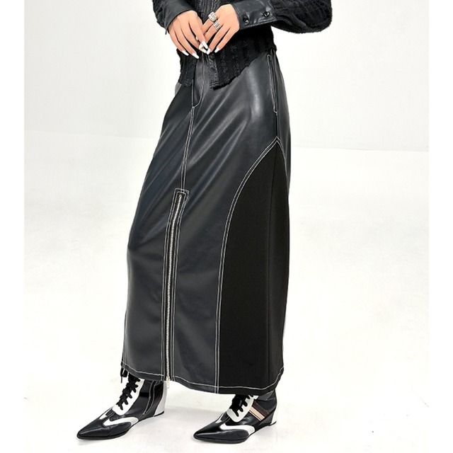 ジップフロント  フェイクレザー スカート       00365