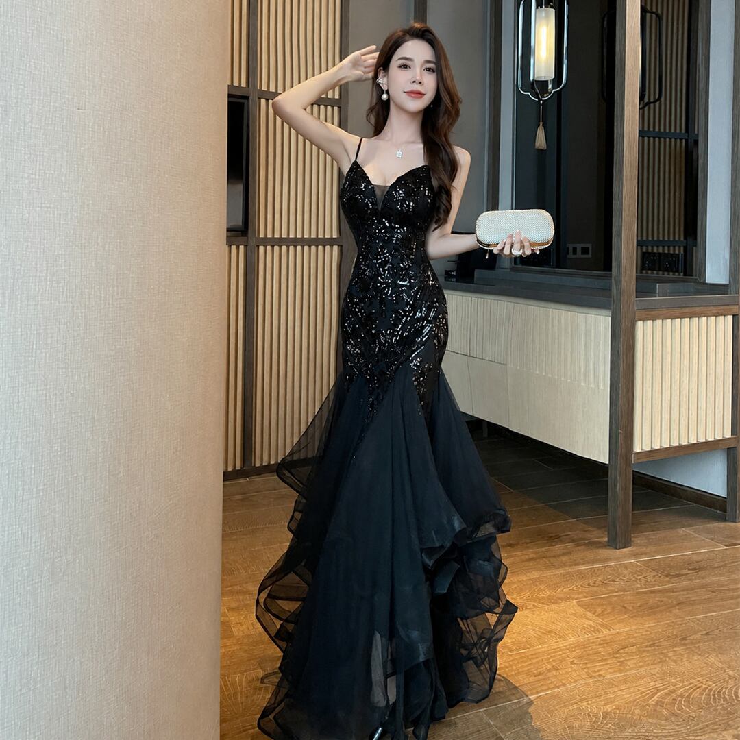 Sequin Decorated Frill Long Mermaid Dress V3512