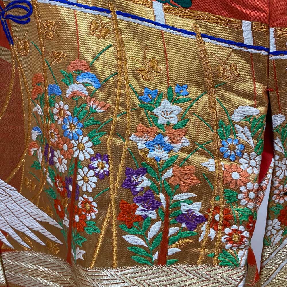 色打掛 正絹 舞鶴四季花巻物模様 打掛 美品 花嫁衣裳 婚礼 