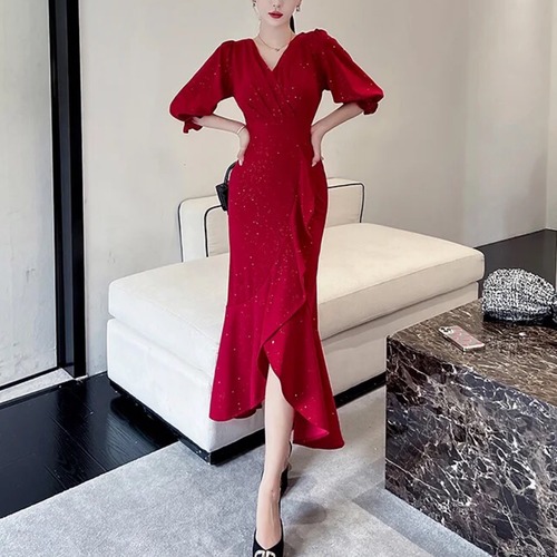 ［S,M,L］Vネックシャイニーブライトドレス