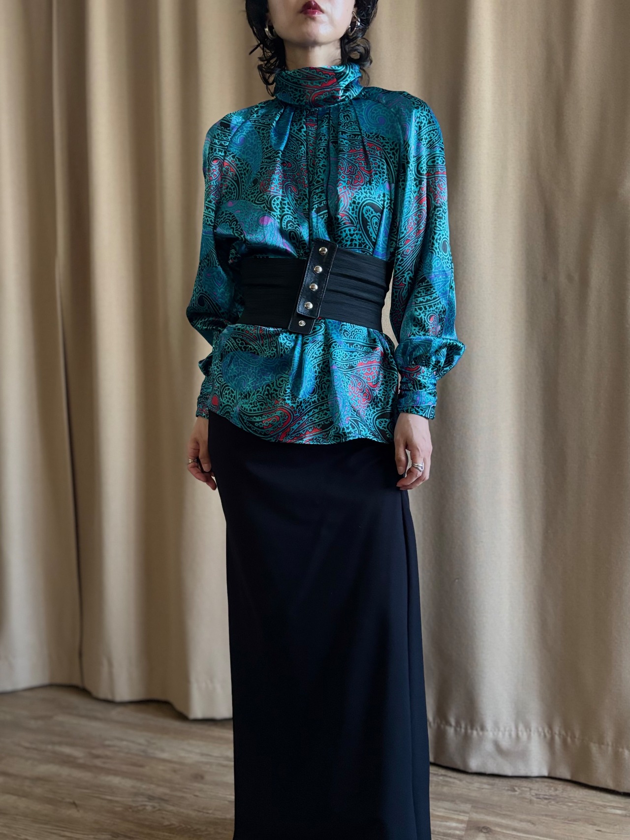 turquoise paisley gathered high-neck shirt-5215-9