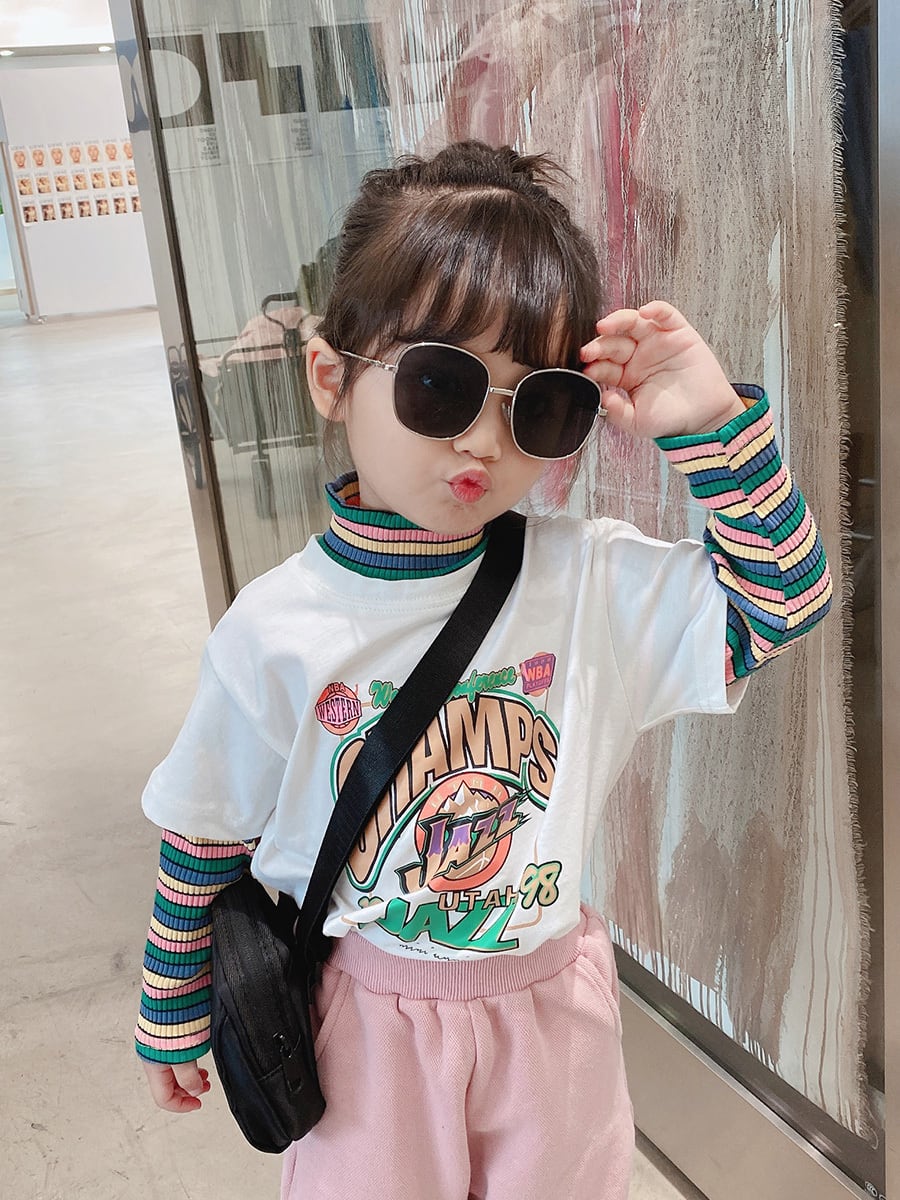 韓国子供服☆カラフルボーダー 重ね着風長袖Tシャツ キッズ 】アルファベット カジュアル ジュニア ガールズ 女の子 メンズ 男の子 ダンス ボーダー  カラフル コットン オルチャン 韓国 韓国レディース キッズファッション『londonbridge』（ロンドンブリッジ）