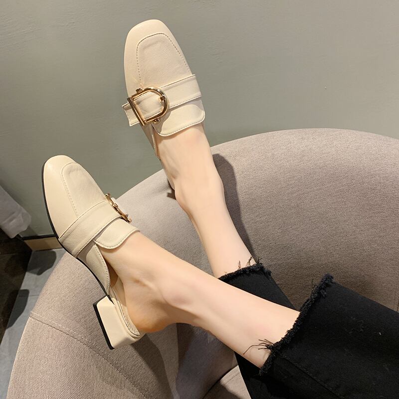 スリッパ女性は、2019年秋と冬の新しいins潮ネット赤バージョンの野生包頭ハーフスリッパ厚いヒールミュールを着用します 部族の婦人靴6549285