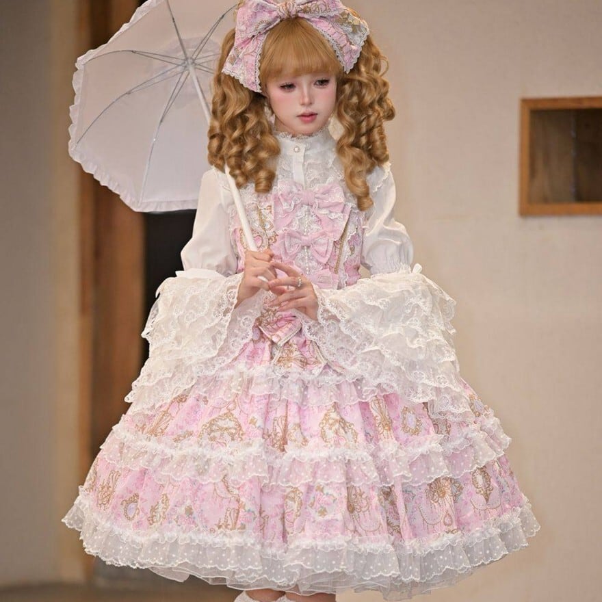 甘ロリ 花柄 JSK ピンク×パープル 多層フリル レース 姫系 ロリータ