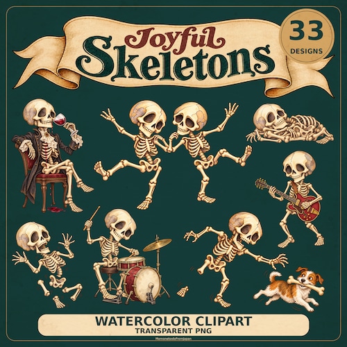 スケルトン 水彩素材集｜Joyful Skeletons Watercolor Clipart