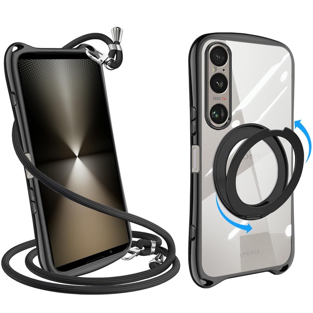 Guokaien Xperia 1 VI 用の ケース ショルダー リング付き クリア ストラップ付き【360°回転スタンド・縦横両対応】SO-51E SOG13 エクスペリア1vi スマホケース カバー 耐衝撃 透明 TPU 肩掛け 首掛け 取り外し可能 長さ調整可能 スタンド機能付き 金属ボタン(ブラック)