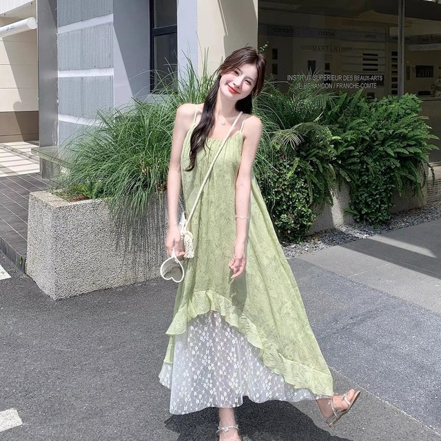 木漏れ日にほどける若草 レースレイヤード大人ガーリーキャミワンピース