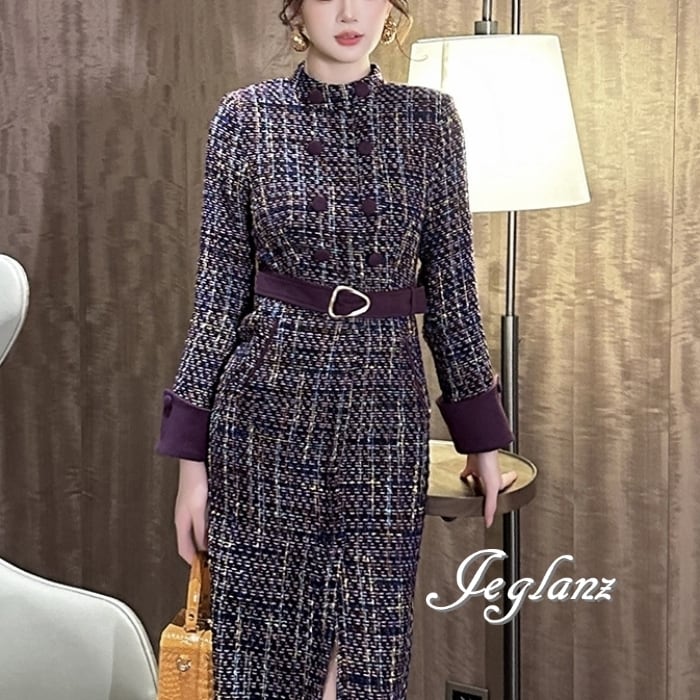 2色 ツイード ニット ワンピース スリット入り 光沢 ファンシー(MB232)η