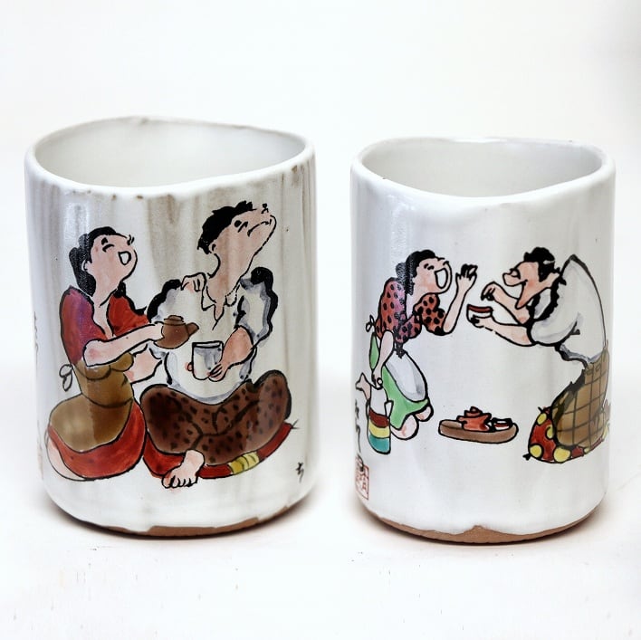 九谷焼・川柳戯画・夫婦湯呑・No.180719-05・梱包サイズ60