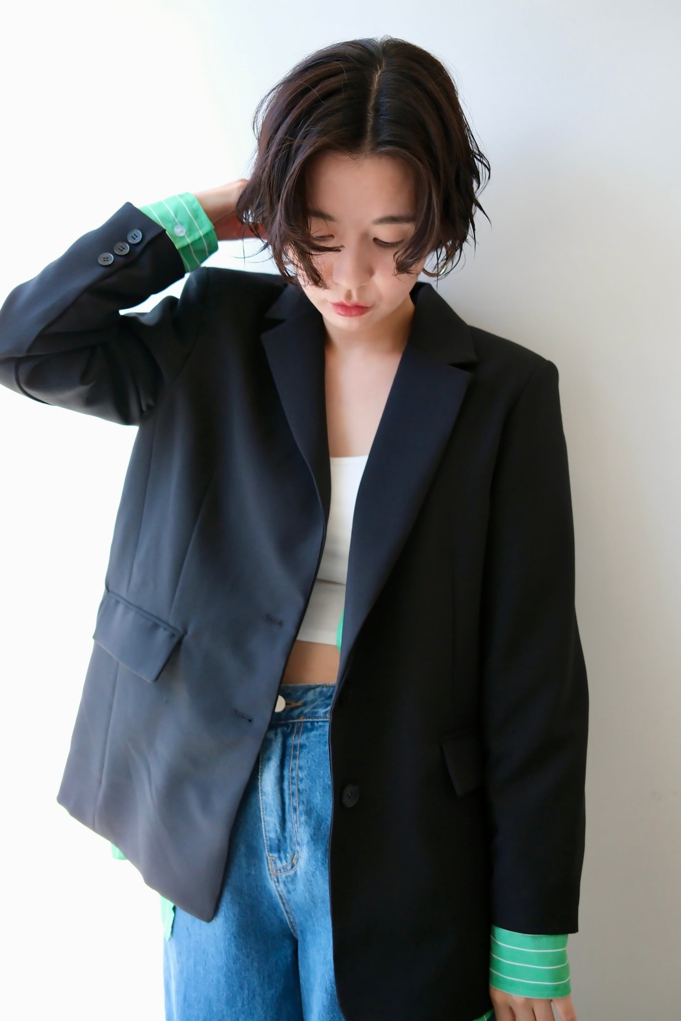 ラフシモンズ　シャツドッキング　テーラードジャケット　切り替え　ブラック shirt docking jacket シャツドッキングジャケット Black x Green