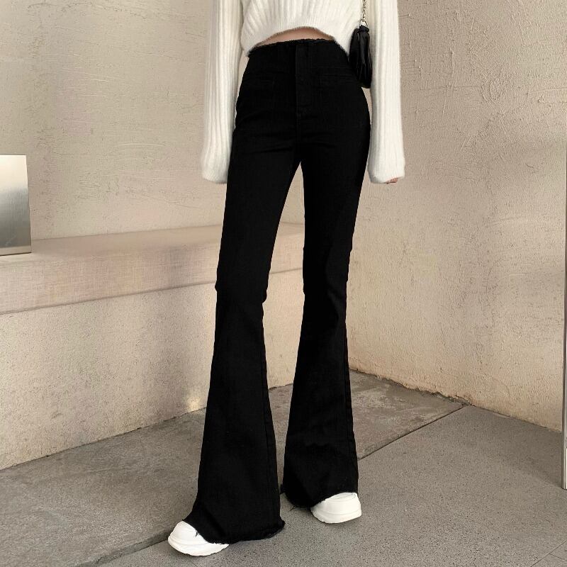 ジーンズ ブラックハイウェストウェストスリムワイドレッグオータムウィンタースタンダードルーズパンツ レッド レトロ 秋物 冬物 ワイドパンツ ブラックストロベリース1954250150