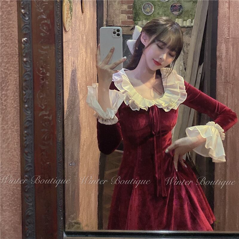 ドレス スタンダードレッドメッシュベルベットショートスカート スプリング ロング レトロ 春物 ステッチ ブラックストロベリース12219561791