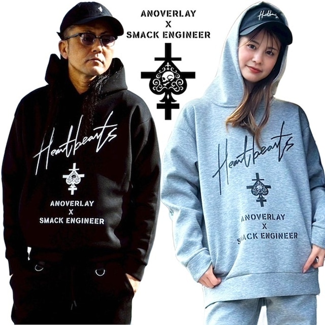 ANOVERLAY (lynch.晁直) × SMACK ENGINEER (スマックエンジニア)「DOUBLE KNIT PARKA」アンオーバーレイ 限定コラボ ダンボールニット プルオーバーパーカー 黒 ブラック グレー スペード スカル 刺繍 メンズレディース PUNKROCK パンクロック バンド ステージ衣装 Rogia