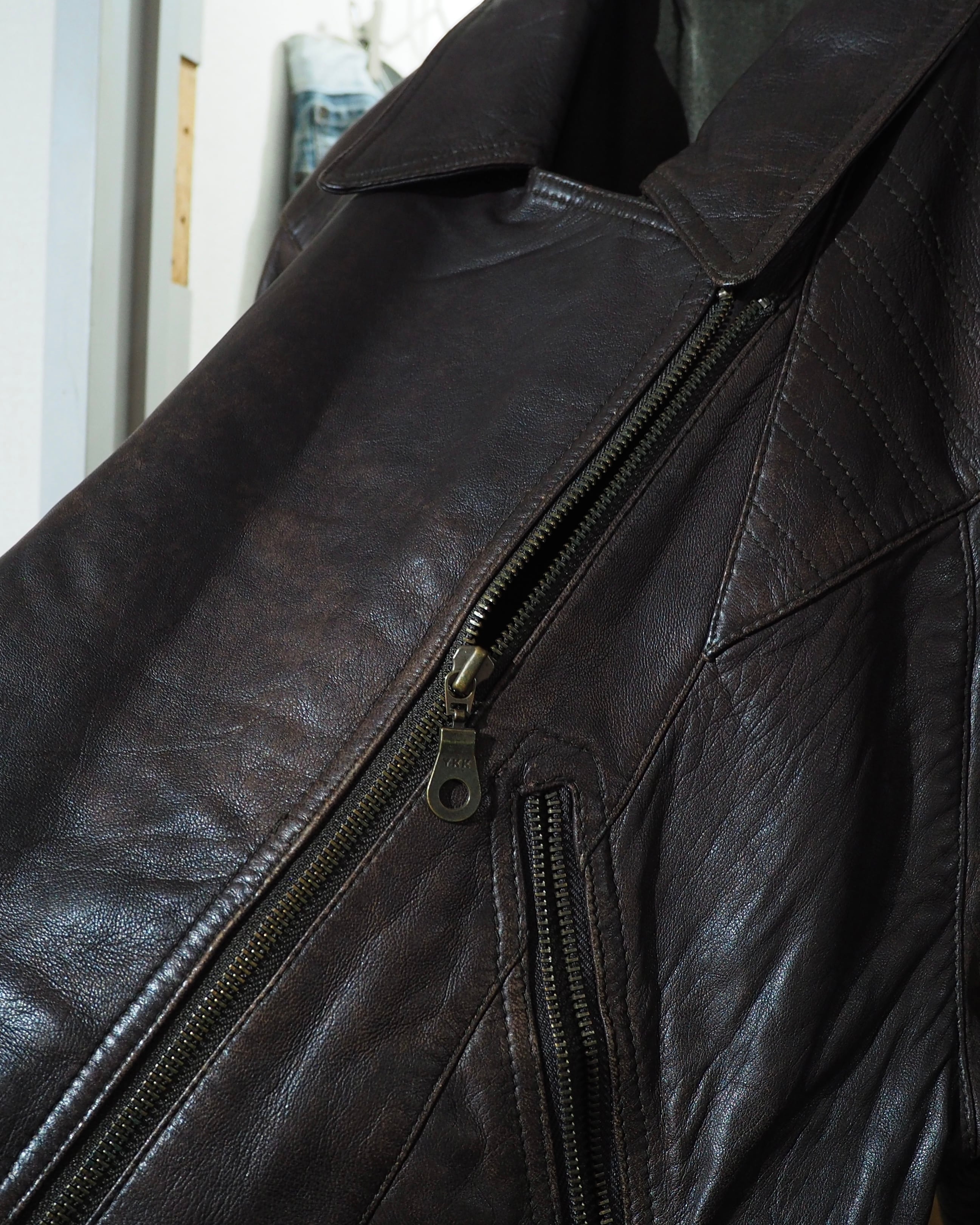 1990s " 変形 " Diagonal Zipper Design Vintage Lamb Leather Jacket