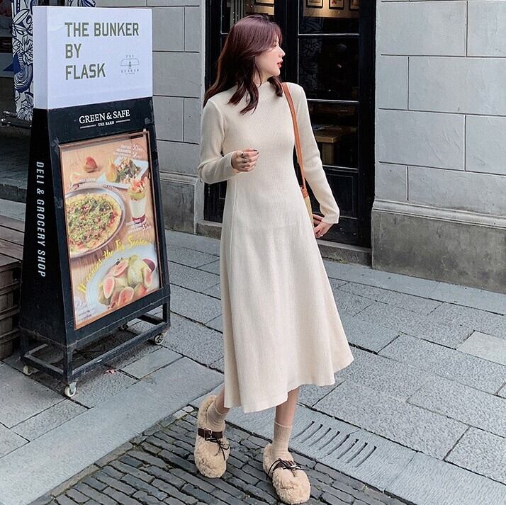 ストレッチ ニットワンピース ワンピース ひざ丈 膝下丈 ミディアム丈