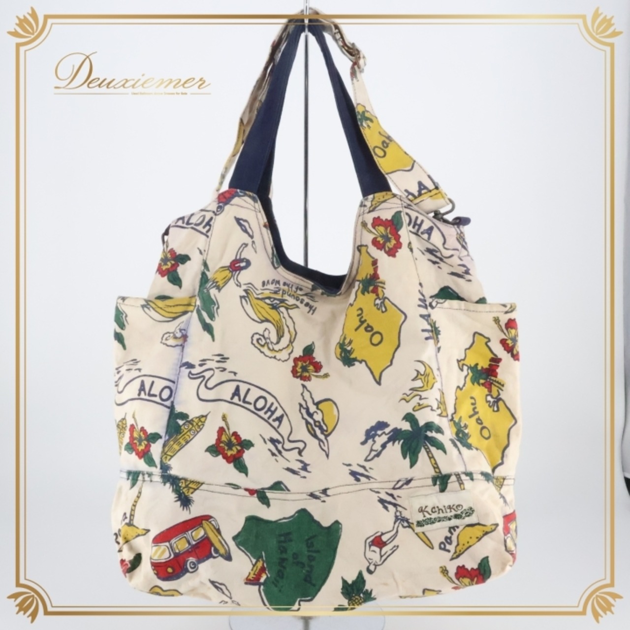 フラダンス 小物 バッグ トートバッグ カヒコ Kahiko ホワイト系 肩掛け カラフル 白 青 かわいい ハワイアン アロハ ハワイアンプリント フラ ダンス レッスン フラダンスバッグ トート ユニークデザイン ハワイ風 おしゃれ 旅行用カバン 軽量