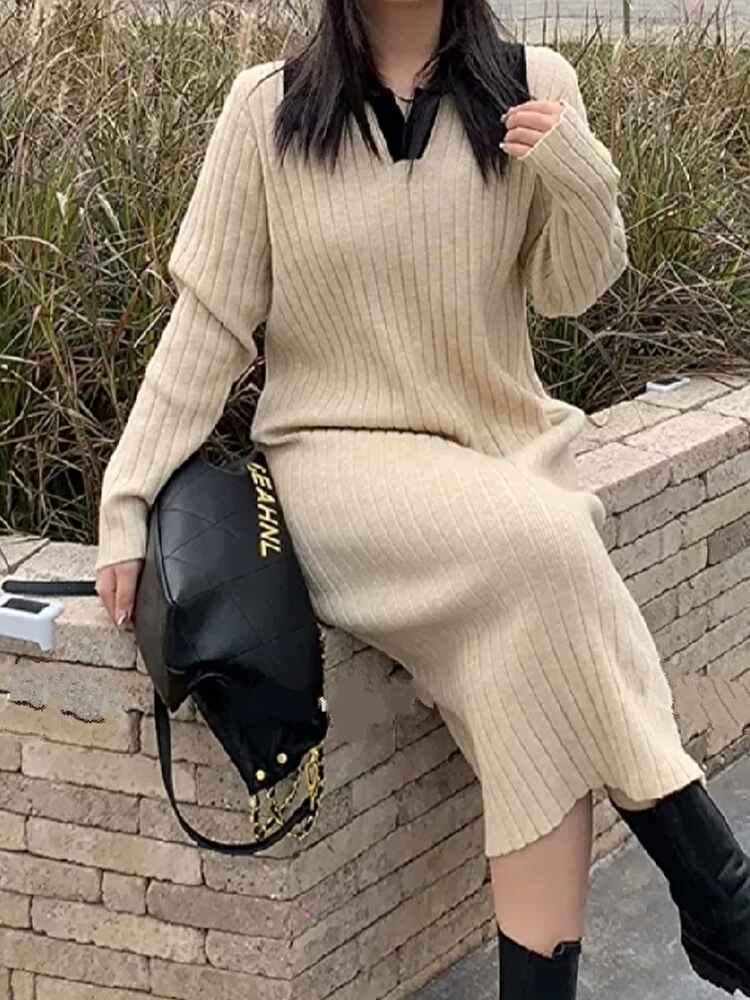 柔らかな雰囲気漂う ワンピースニット ベージュ バイカラー 春 きれいめ 大きいサイズ 韓国 CH8660