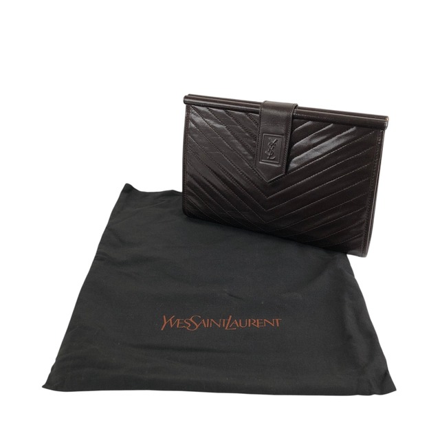 Yves Saint Laurent イヴ・サンローラン クラッチバッグ ブラウン YSLロゴ バイアステッチ レザー vintage ヴィンテージ オールド sj7x37