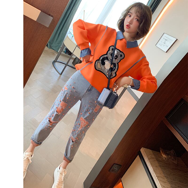 ラインストーンスウェット ジーンズ セット コットン ステッチ MIUCO67644840896