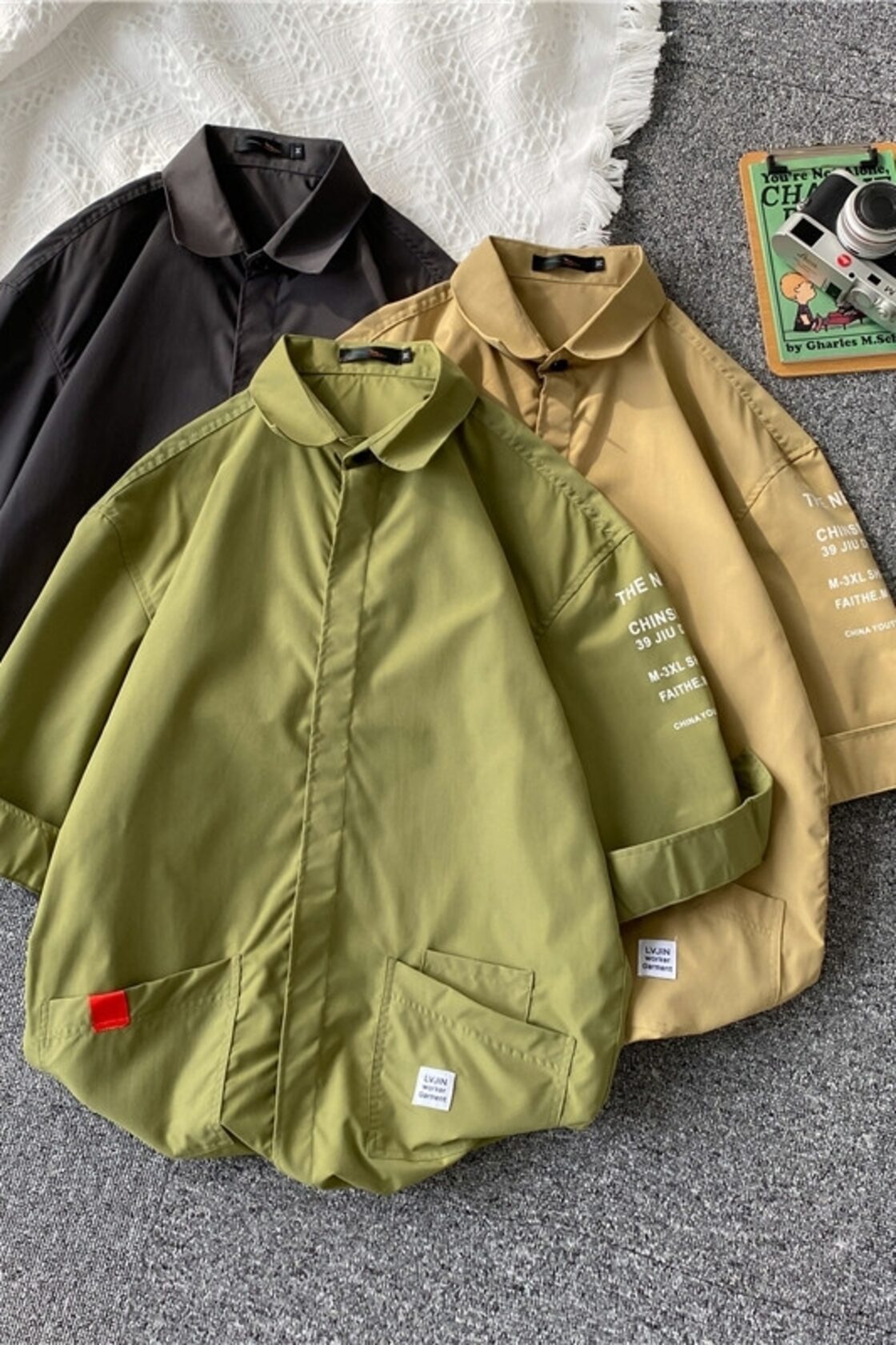 七分袖シャツメンズ ins 香港スタイル ese 作業服半袖ジャケット夏の 