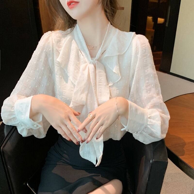 スタイルシフォンシャツ オータムラッフルブラウス レディース ロング リボン レース 秋物 ステッチ ハンチェンe34629063087