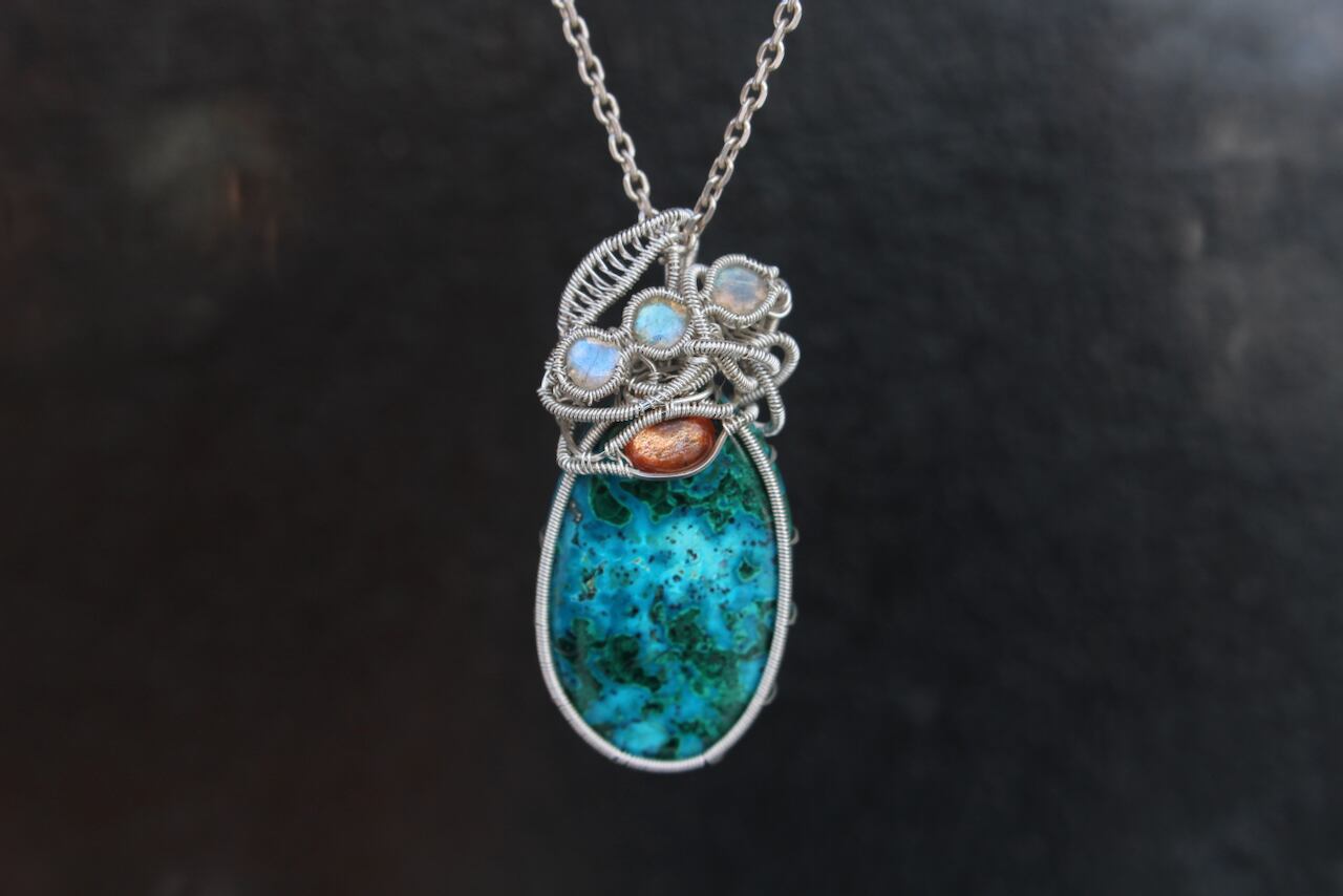 Chrysocolla malachite & Sunstone & Labradorite silver925 wire wrapping pendant