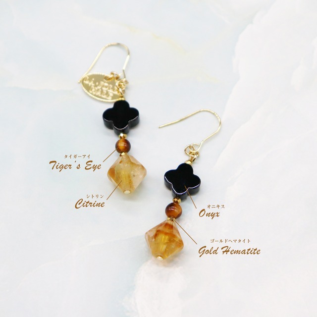 【Like a Honey Candy】シトリン×オニキス×タイガーアイ ピアス