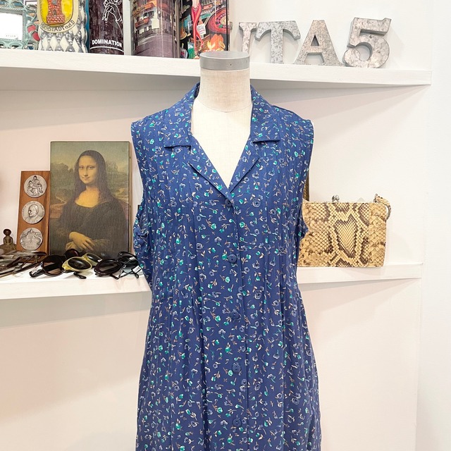 Vintage One Piece Flower Blue Long ビンテージ ヴィンテージ ワンピース 花柄 青 襟付き 長め ノースリーブ ｕｔａ５