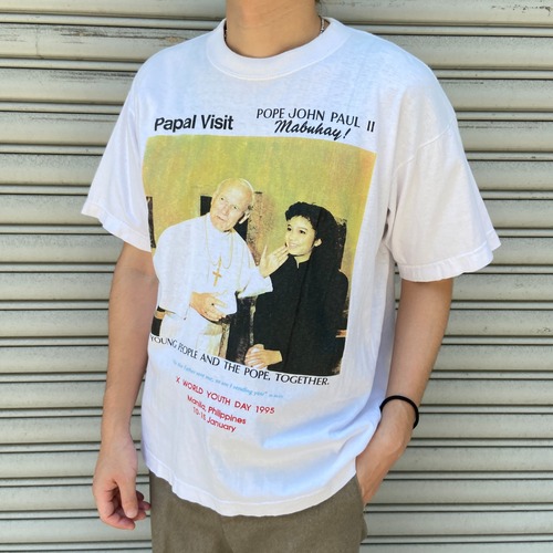 教皇ヨハネパウロ2世 ワールドユースデー 訪問記念Tシャツ 偉人 白 L相当