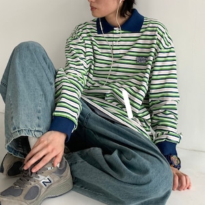 【韓国メンズファッション】ボーダーポロシャツ 長袖 マルチボーダー 襟付き レトロ ゆったり ユニセックス BW2142